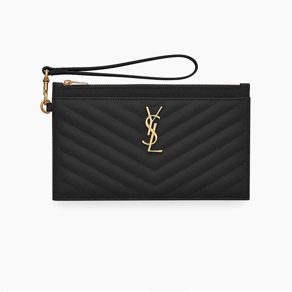 Saint Laurent Black Quilted Leather Wrist Pouch with Gold YSL Logo